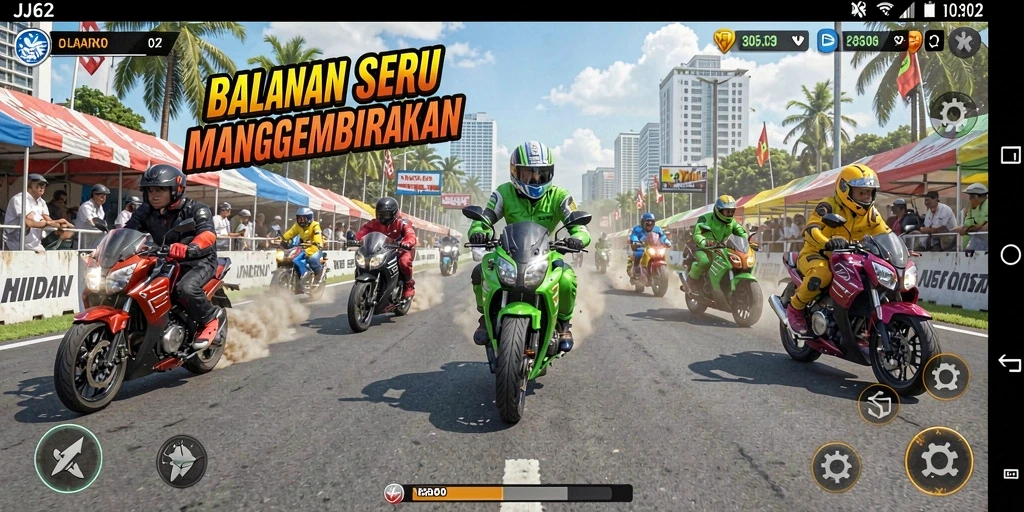 Screenshot JJ62 menampilkan aksi balapan motor yang mendebarkan.